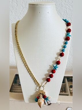 Gold-Chain Necklace with Red and Turquoise Beads